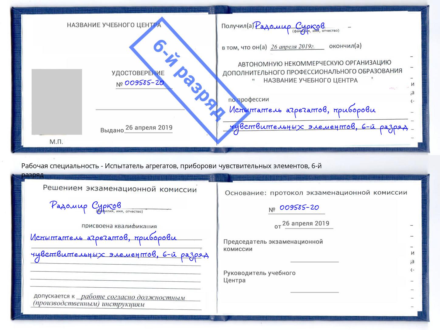 корочка 6-й разряд Испытатель агрегатов, приборови чувствительных элементов Каспийск