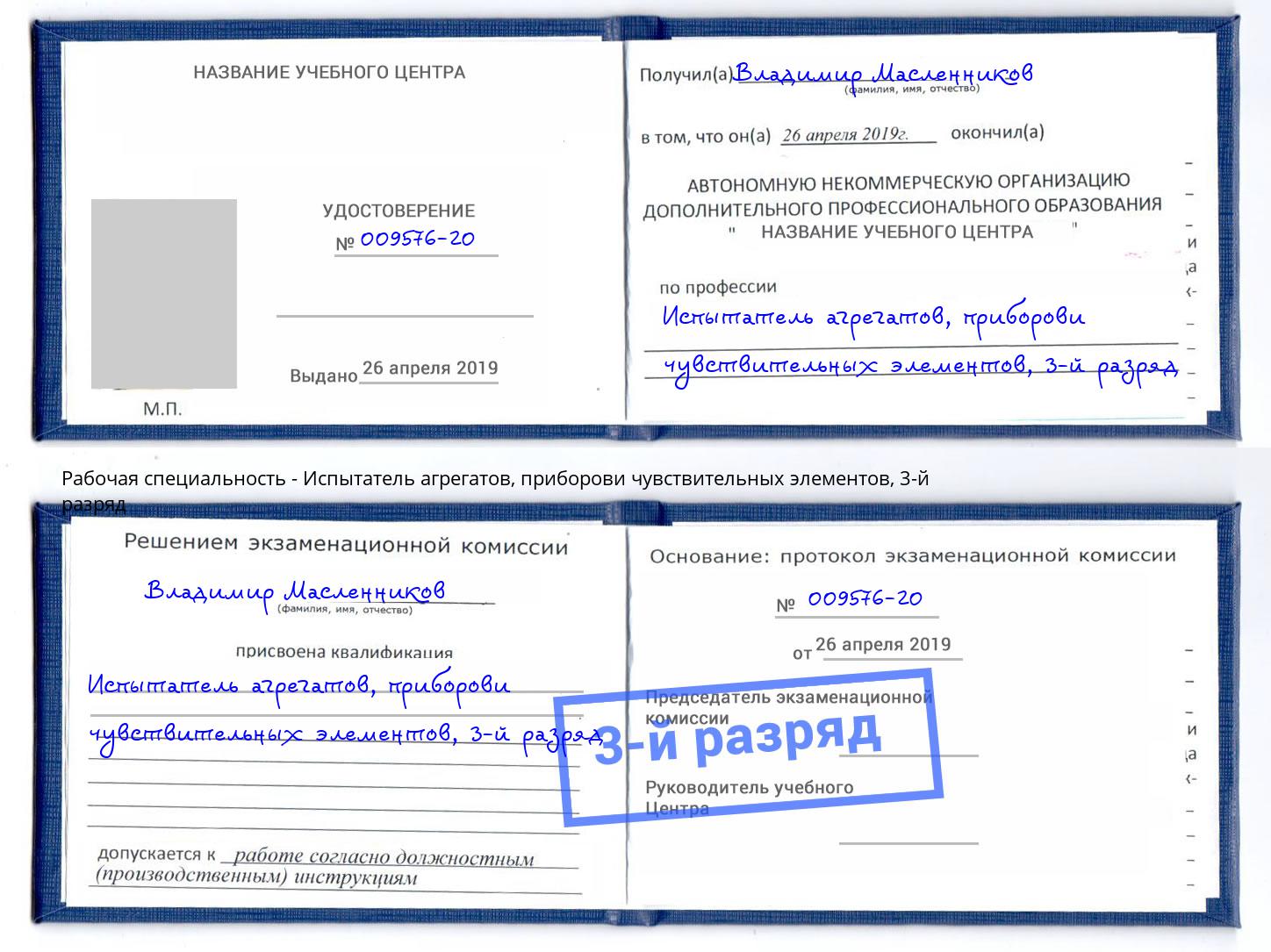 корочка 3-й разряд Испытатель агрегатов, приборови чувствительных элементов Каспийск