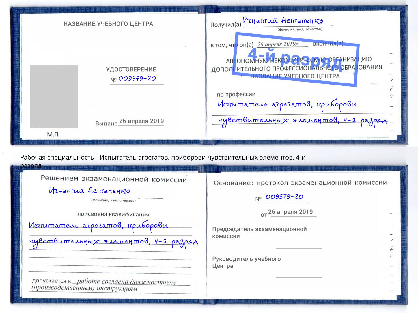 корочка 4-й разряд Испытатель агрегатов, приборови чувствительных элементов Каспийск