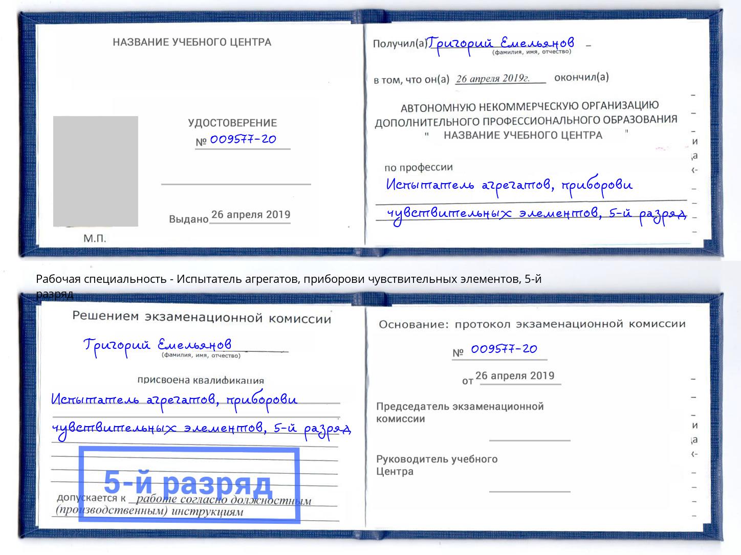 корочка 5-й разряд Испытатель агрегатов, приборови чувствительных элементов Каспийск