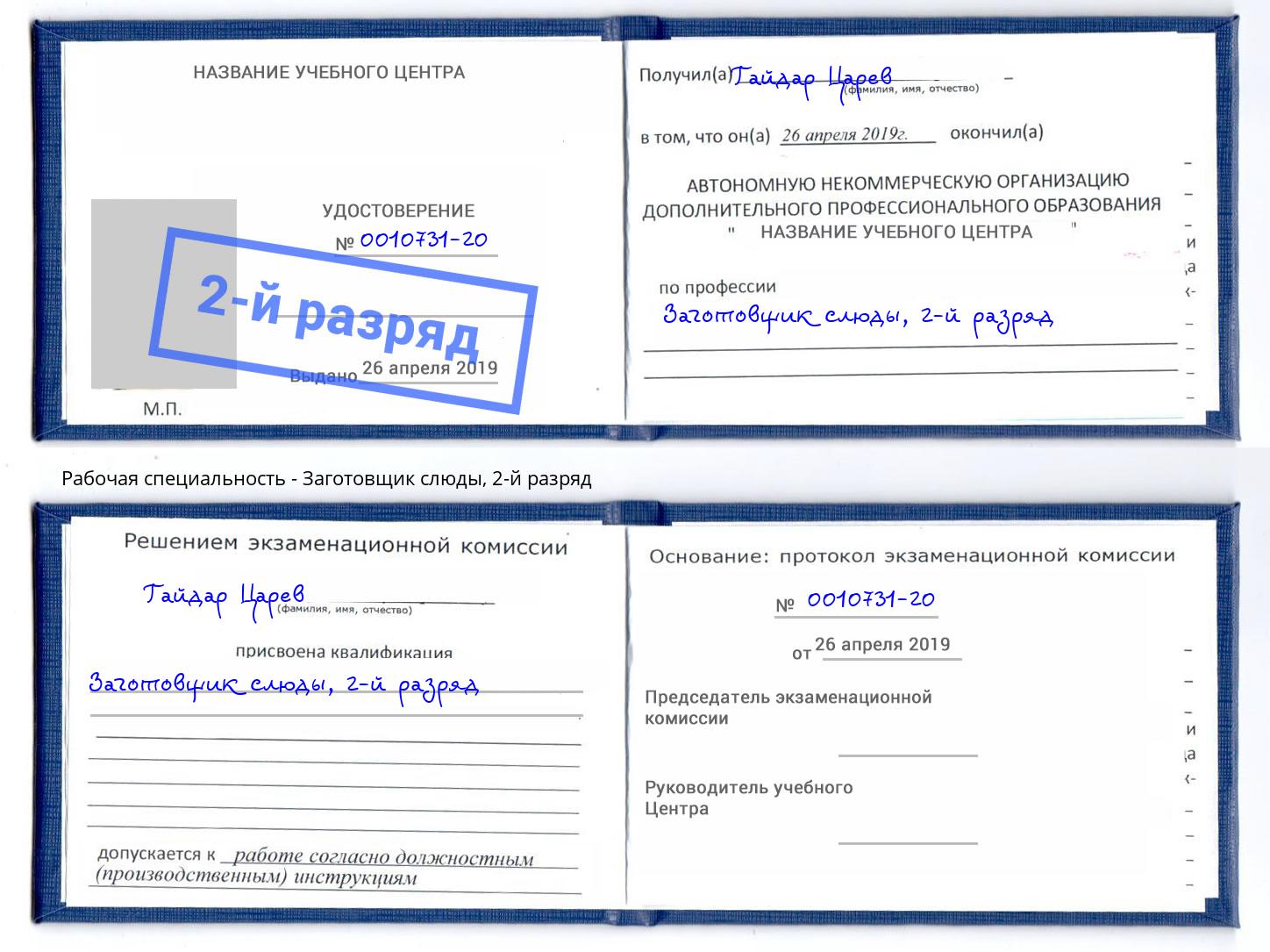 корочка 2-й разряд Заготовщик слюды Каспийск
