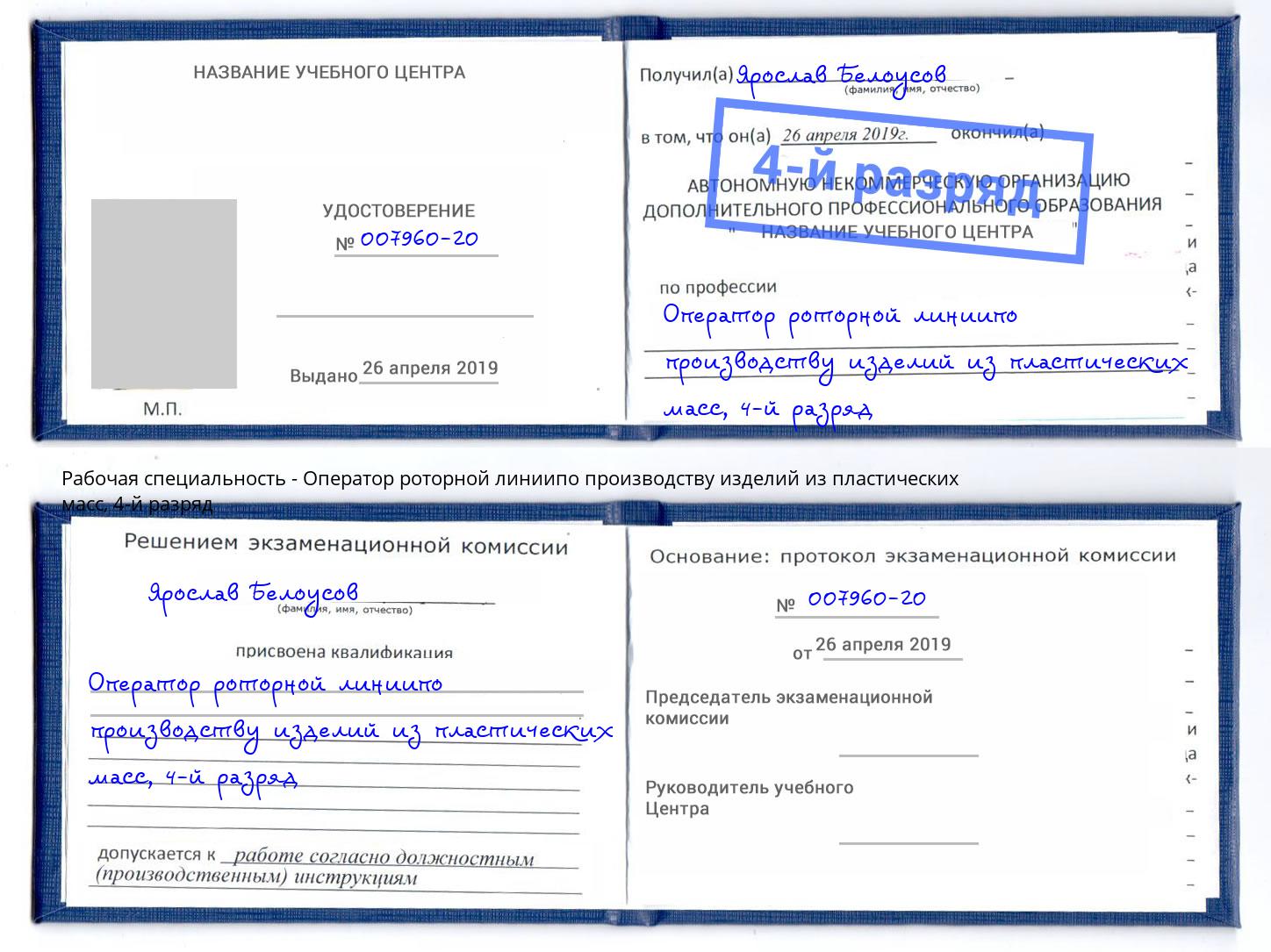 корочка 4-й разряд Оператор роторной линиипо производству изделий из пластических масс Каспийск