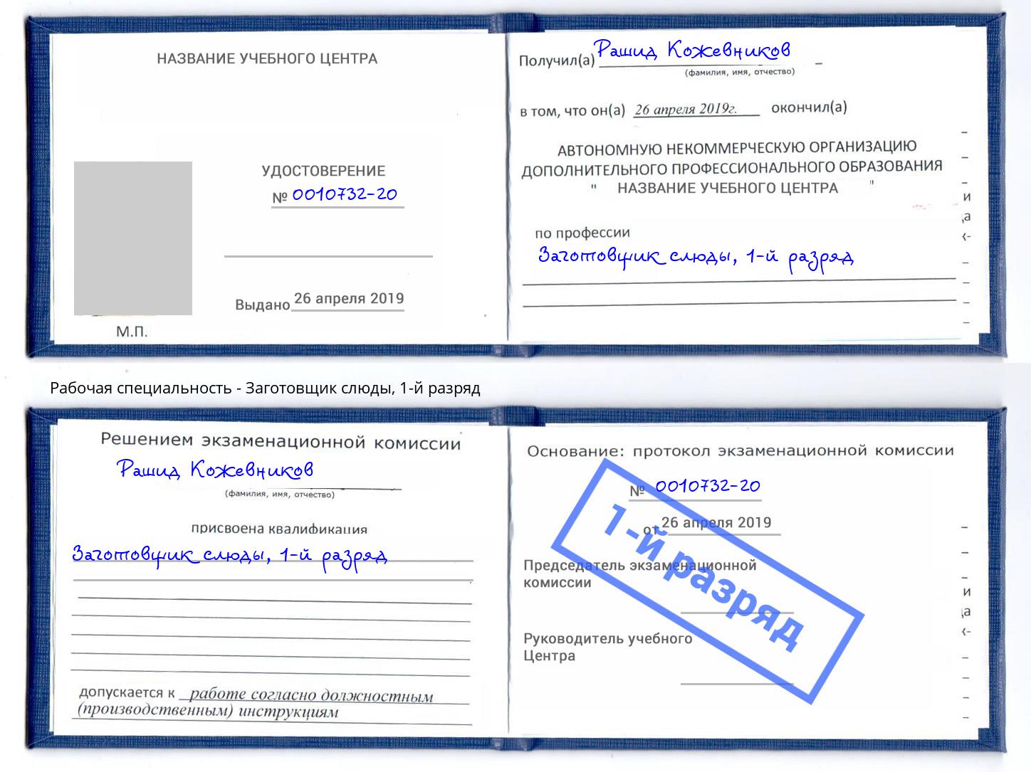 корочка 1-й разряд Заготовщик слюды Каспийск