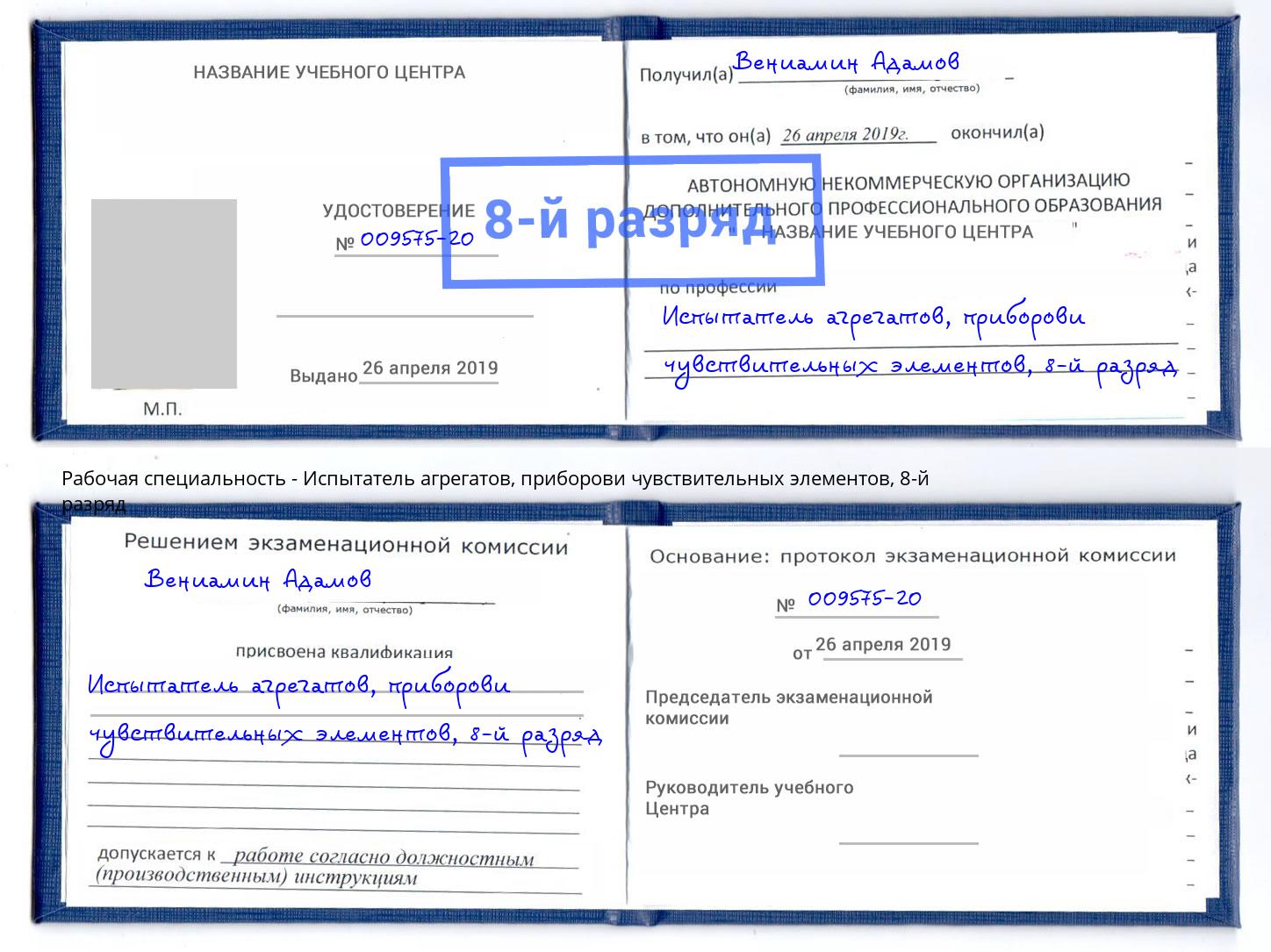 корочка 8-й разряд Испытатель агрегатов, приборови чувствительных элементов Каспийск